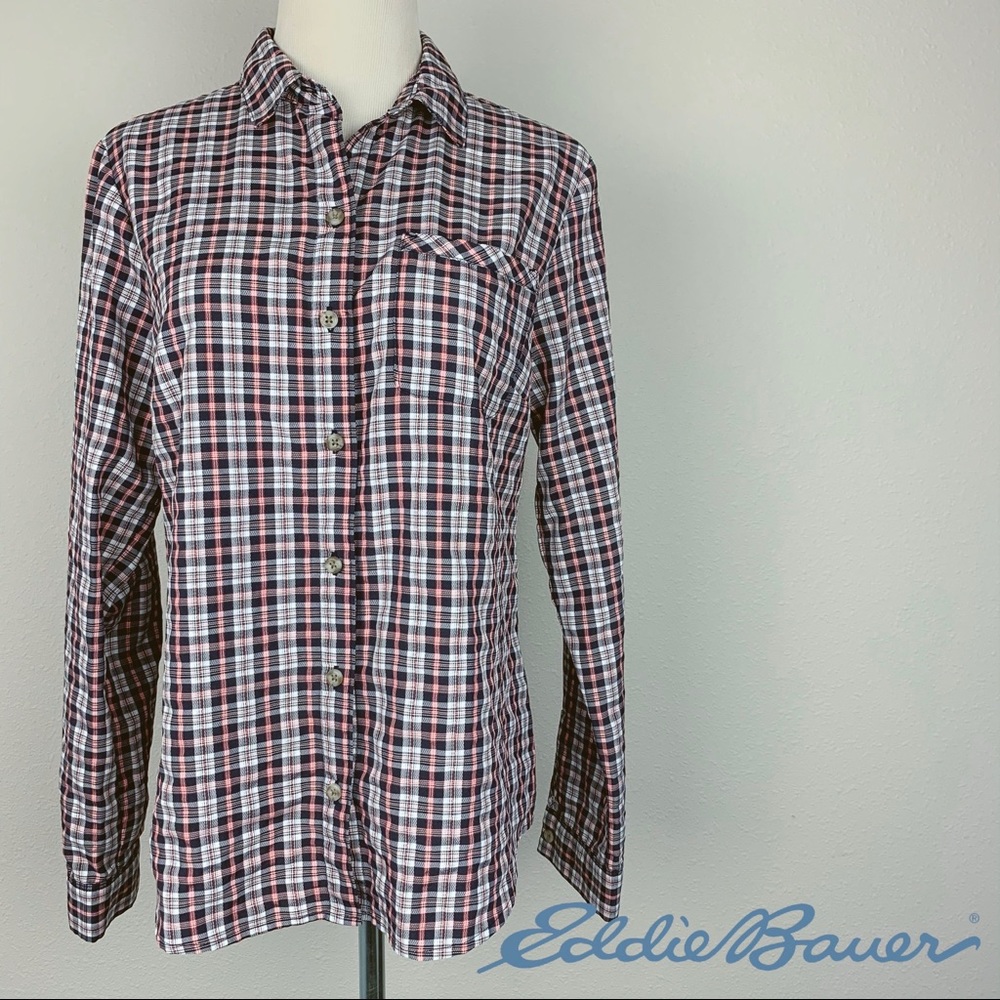 Eddie Bauer Womens Plaid Fast-Dry Roll-Tab‎ Sleeve Button Down Shirt Blue Pink S